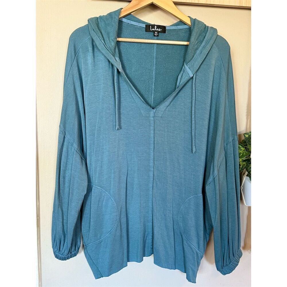 Lulus Women's XS Teal Hooded Pullover Sweater Long Sleeve Casual